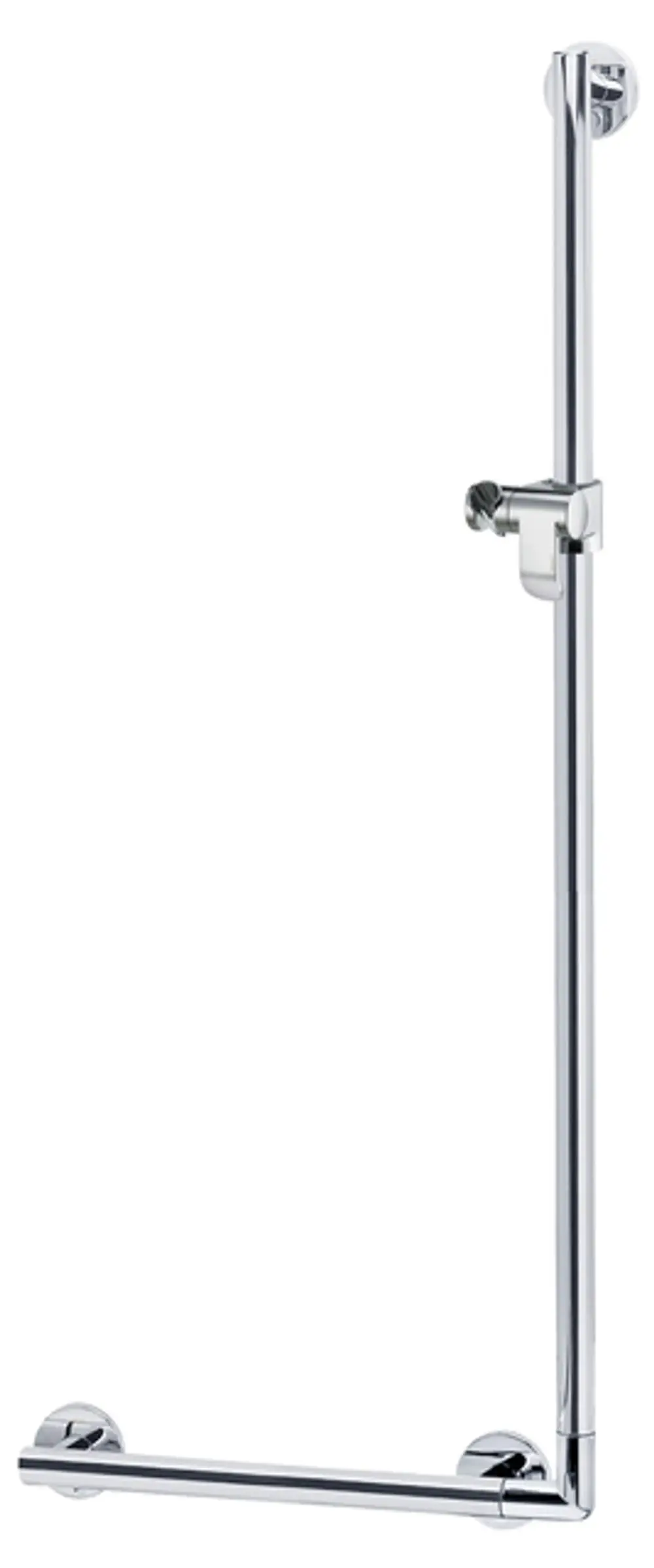 Chromfarbener Winkelgriff mit Brausehalter von Keuco, für die Montage an einer Wand. Der Griff hat eine vertikale und eine horizontale Stange.